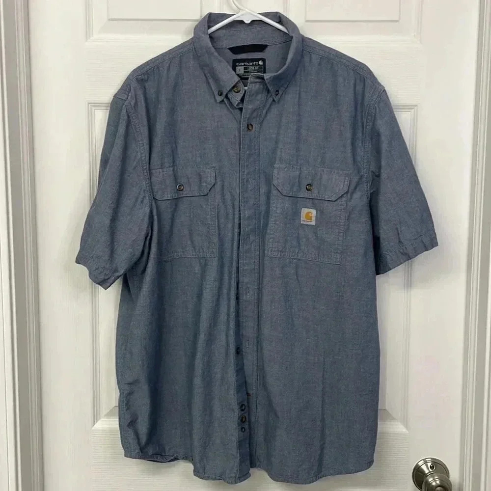CARHARTT men's Large short sleeve gray blue shirt relaxed fit workwear chambray